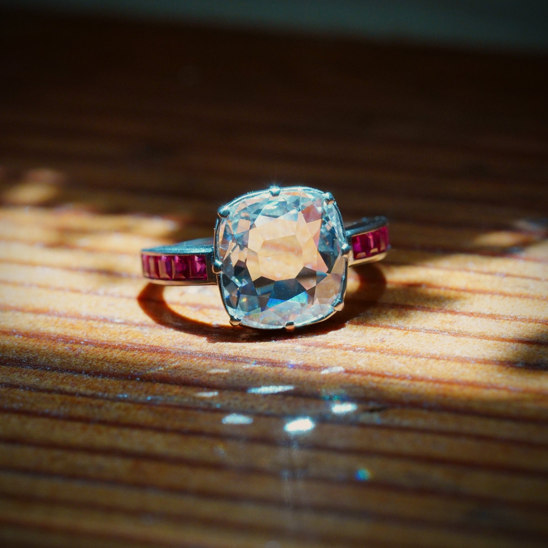Victorian Inspired 3.00-Carat Flat Cushion Cut Diamond Ring with Burma No Heat Rubies