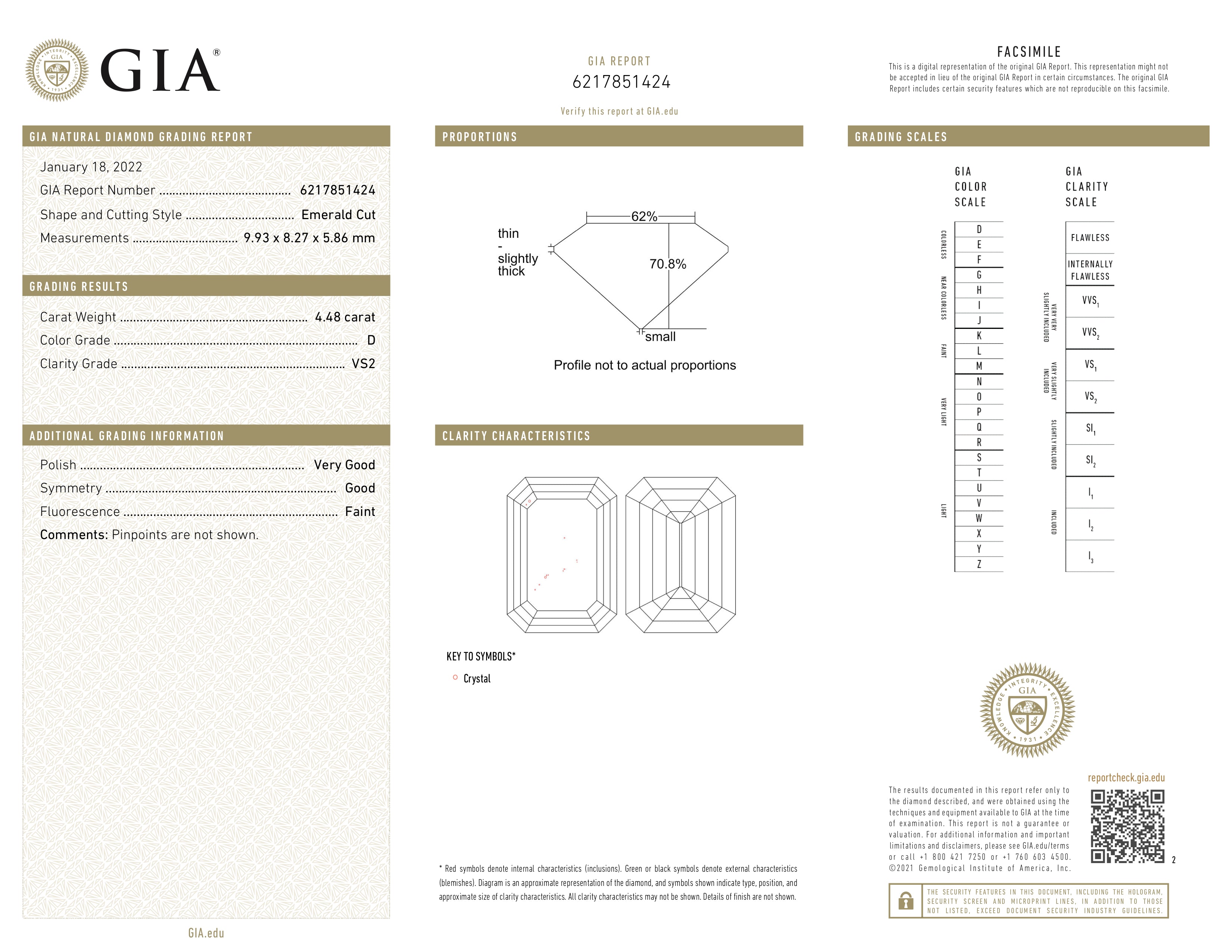 GIA certificate for a 4.48 ct Step Cut white diamond (D color, VS2 clarity), verifying its authenticity and quality.