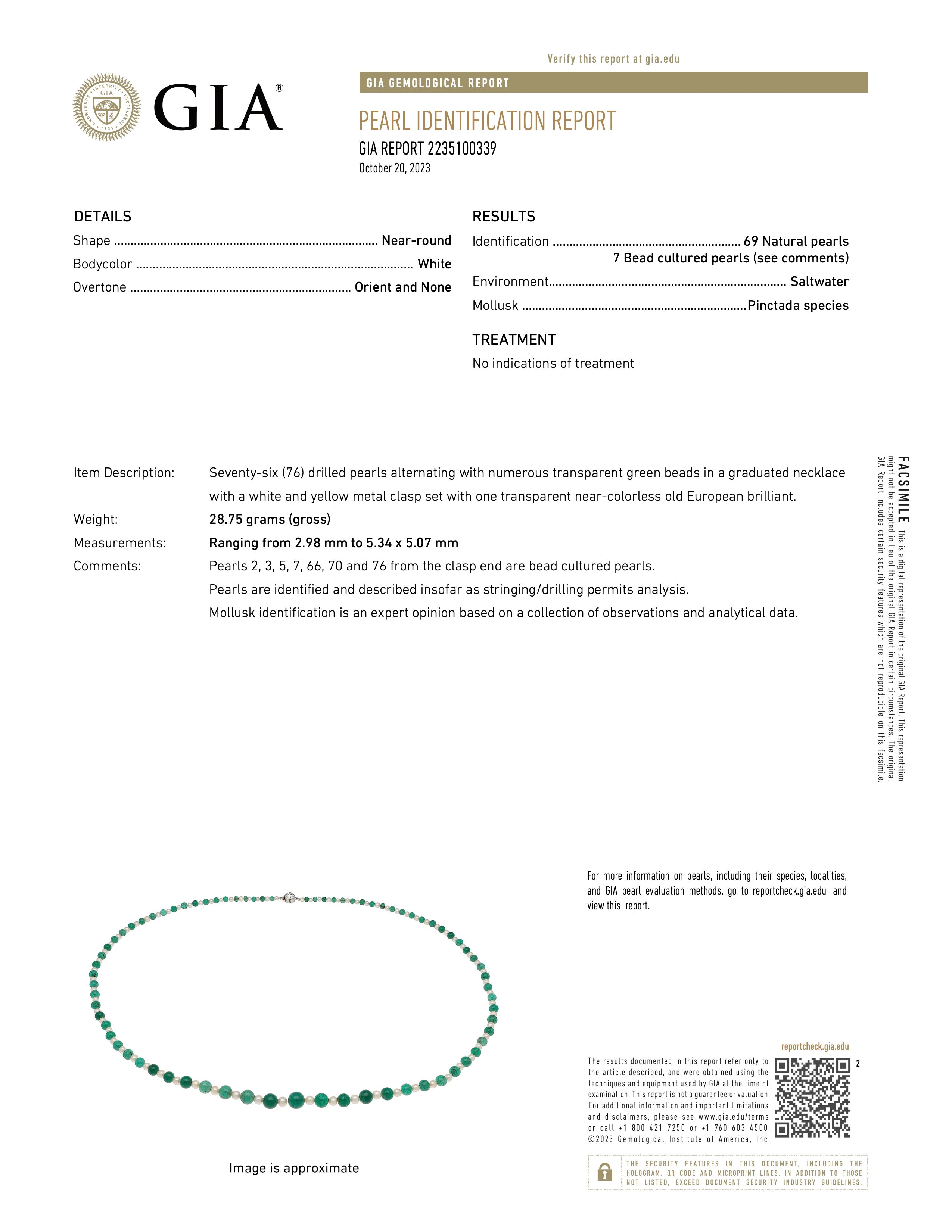 GIA report of Jogani's rare find Tiffany & Co. necklace with luminous natural saltwater pearls and Russian emeralds. 