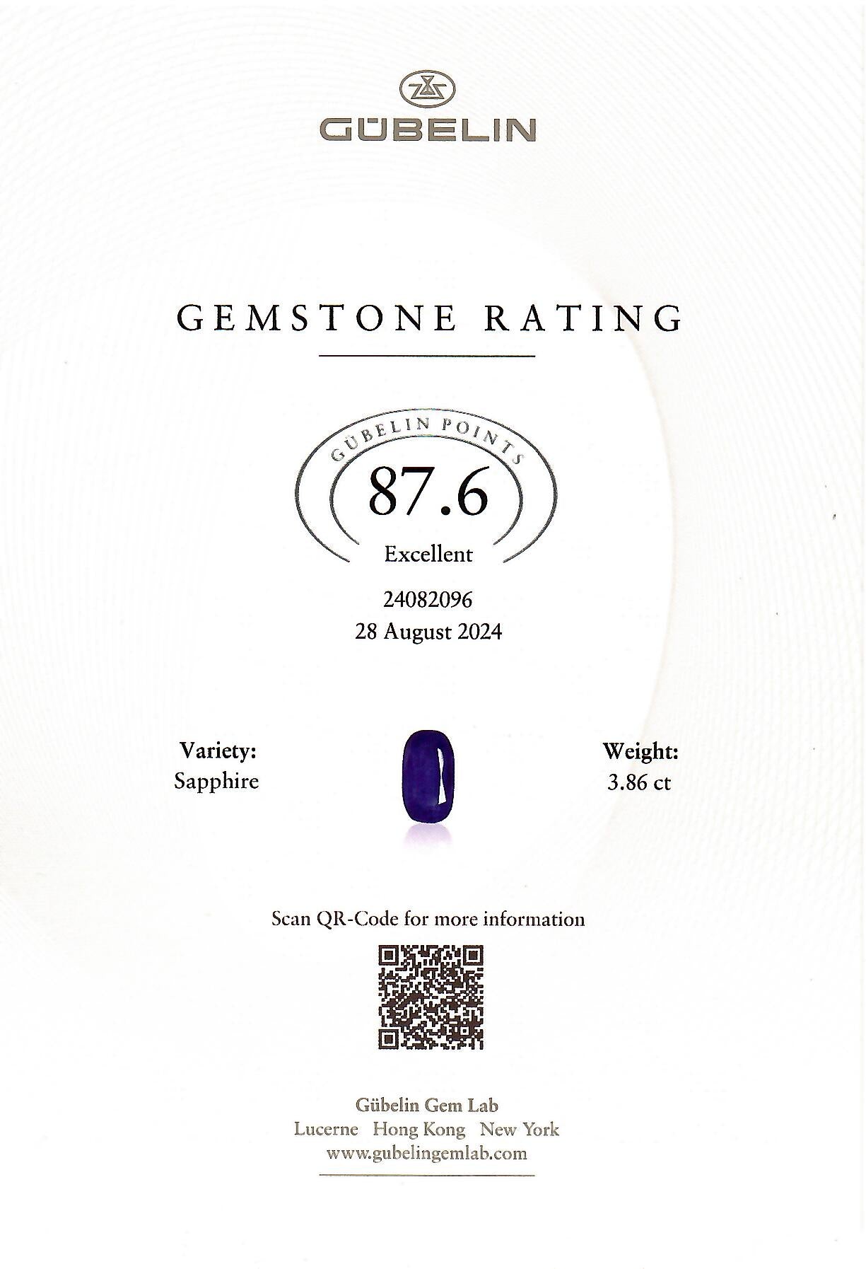 Gubelin Report of Jogani's excellent 3.86 ct Kashmir sapphire, no heat, with deep royal blue tones and a beautifully proportioned cushion cut.