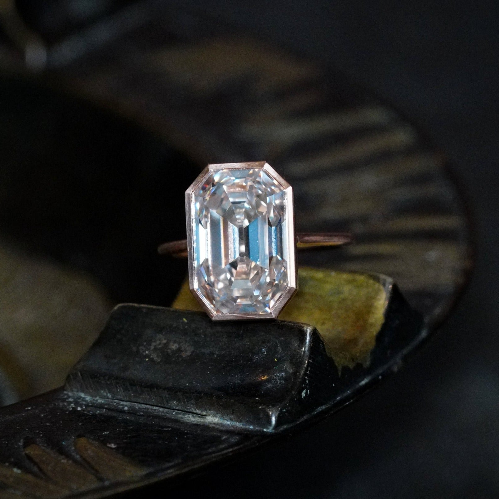 A sophisticated 8.06 ct Step Cut Diamond Ring featuring a luminous L-color diamond with VVS2 clarity, set in a refined blend of rose gold and platinum. Available with Jogani.