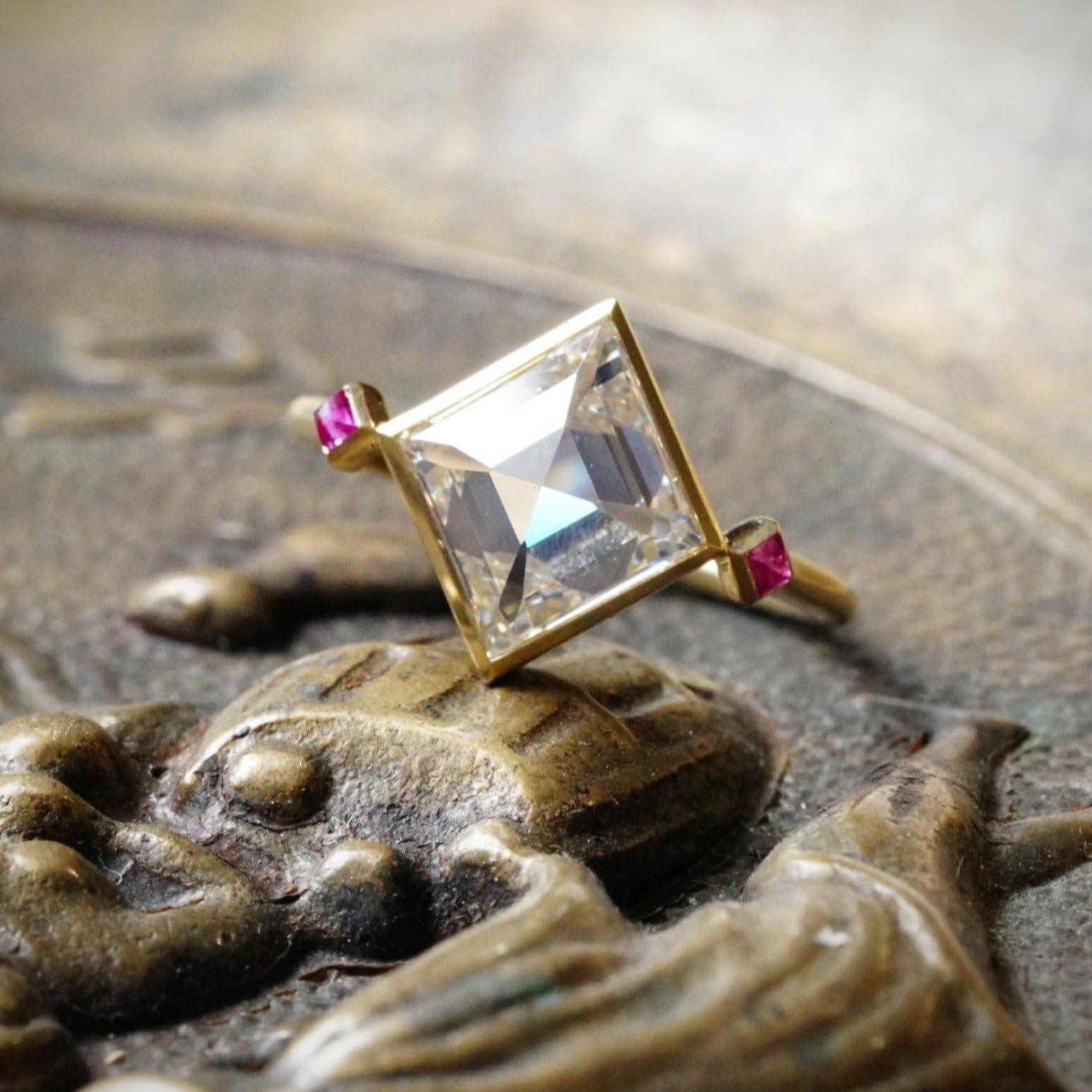 Jogani Art Deco-Inspired 3.03ct Lozenge Diamond Ring with Rubies in 18K Gold 1