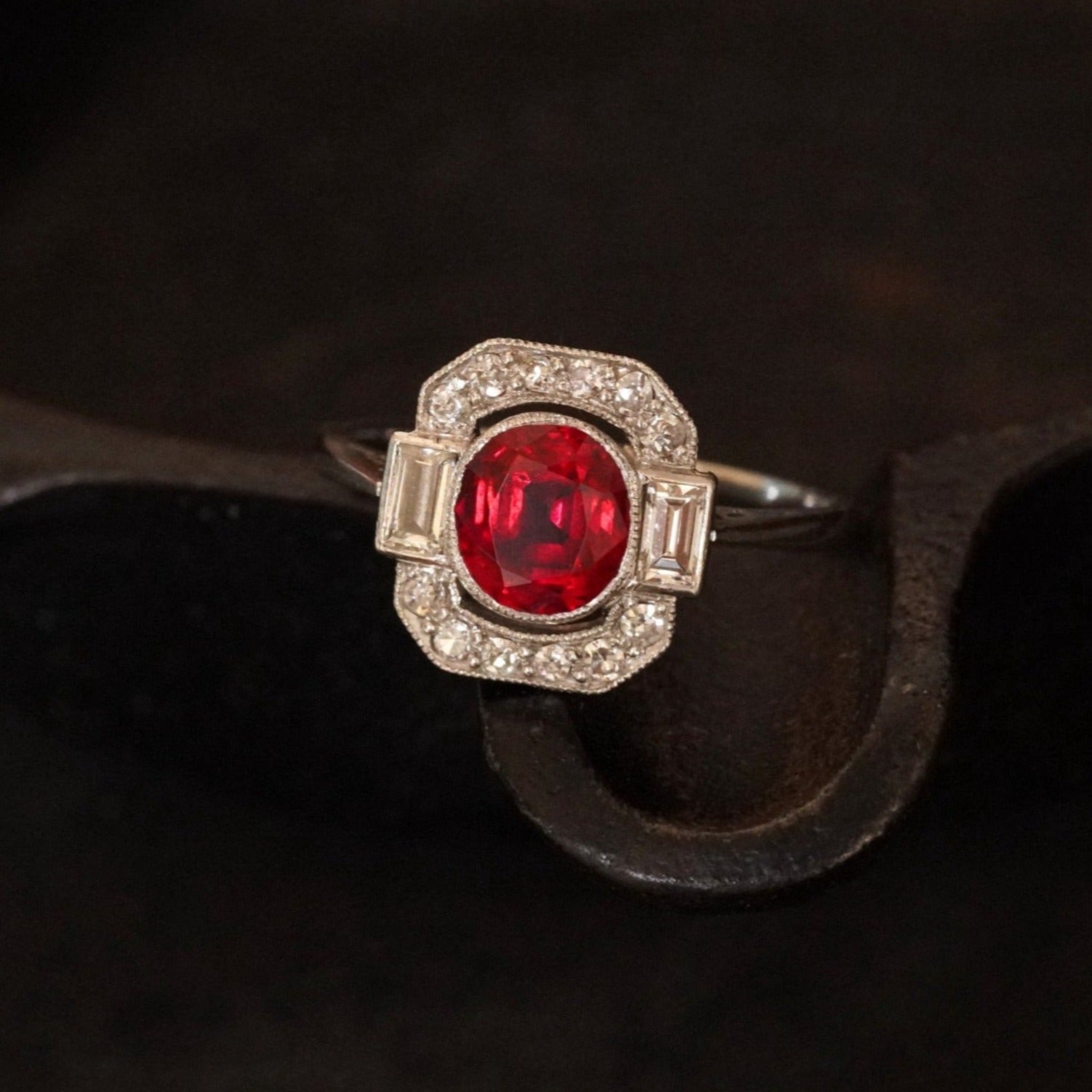 Jogani Exquisite 1.86ct Burmese "Pigeon Blood" Ruby and Diamond Art Deco Ring 