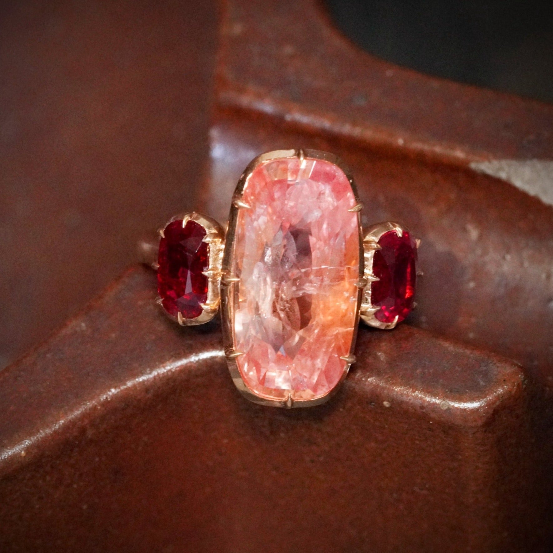 Victorian Style 10.52 CT Padparadscha Sapphire and Burma no heat Ruby Ring in 20K Pink Gold