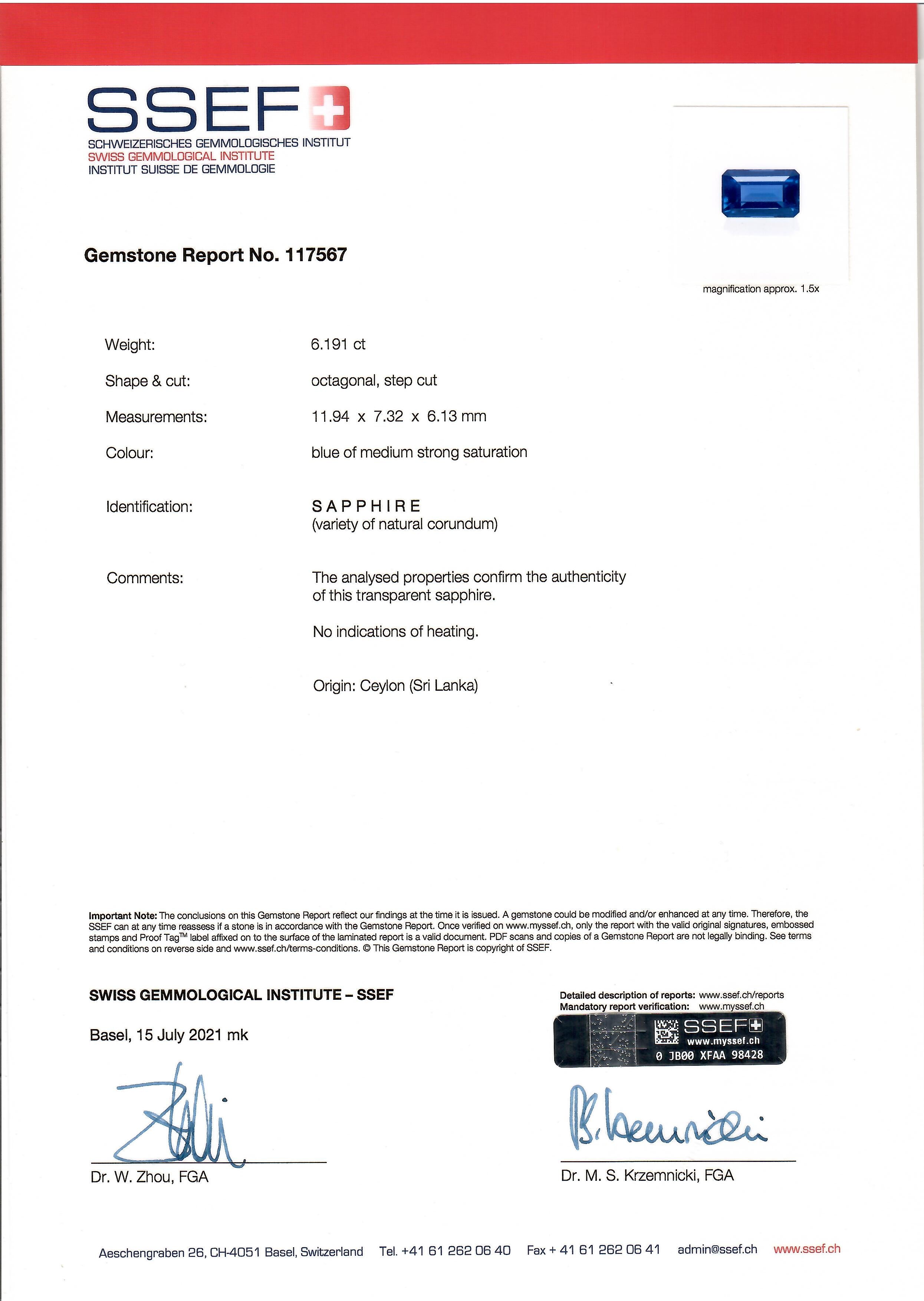 The 6.19-ct Ceylon sapphire SSEF certificate, confirming its authenticity and quality, no heat. 