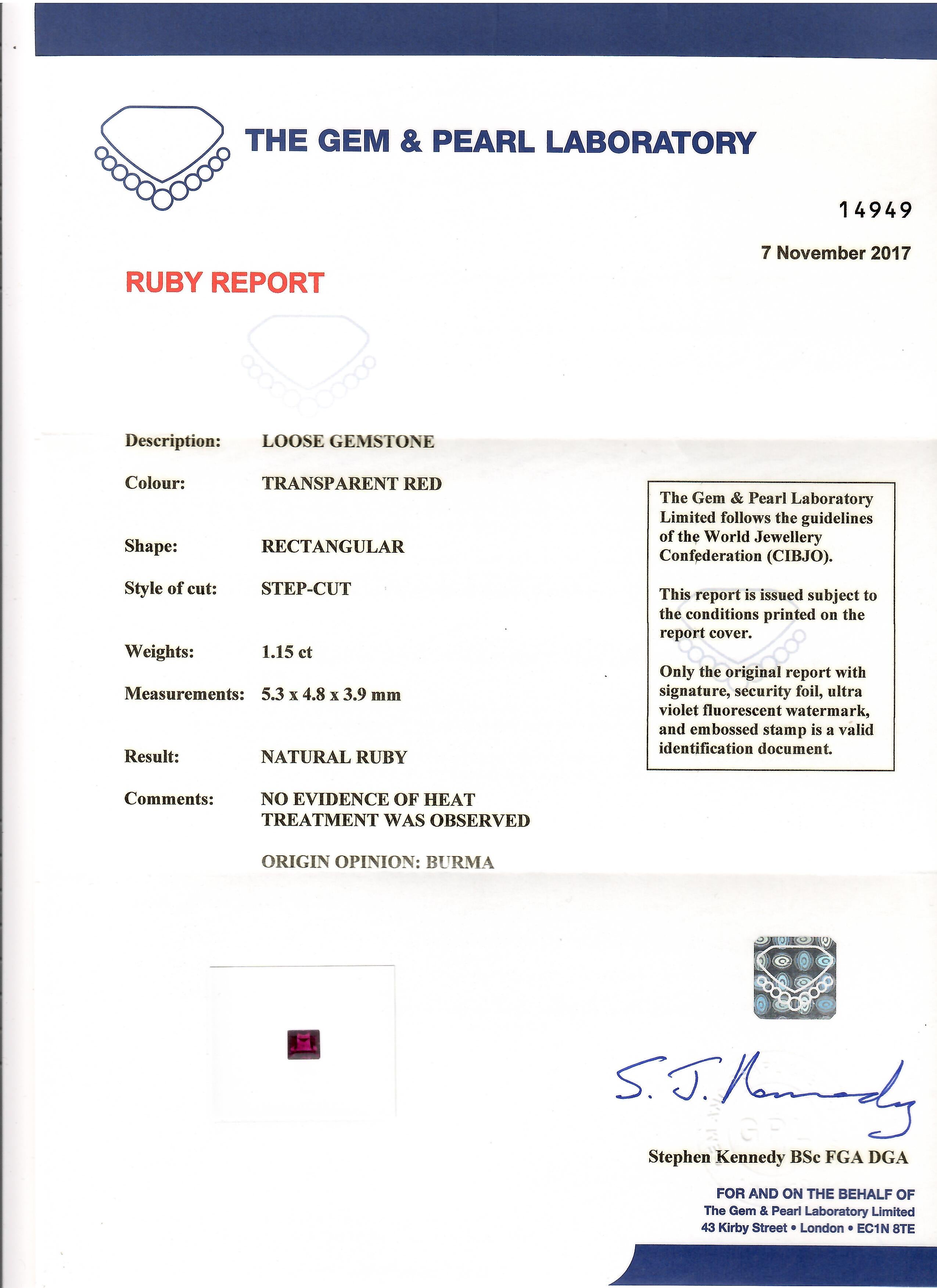 A Gem & Pearl Laboratory certificate for a 1.15-carat step-cut Burmese ruby, featuring a transparent red gemstone with no evidence of heat treatment, measuring 5.3 x 4.8 x 3.9 mm, presented by Jogani.