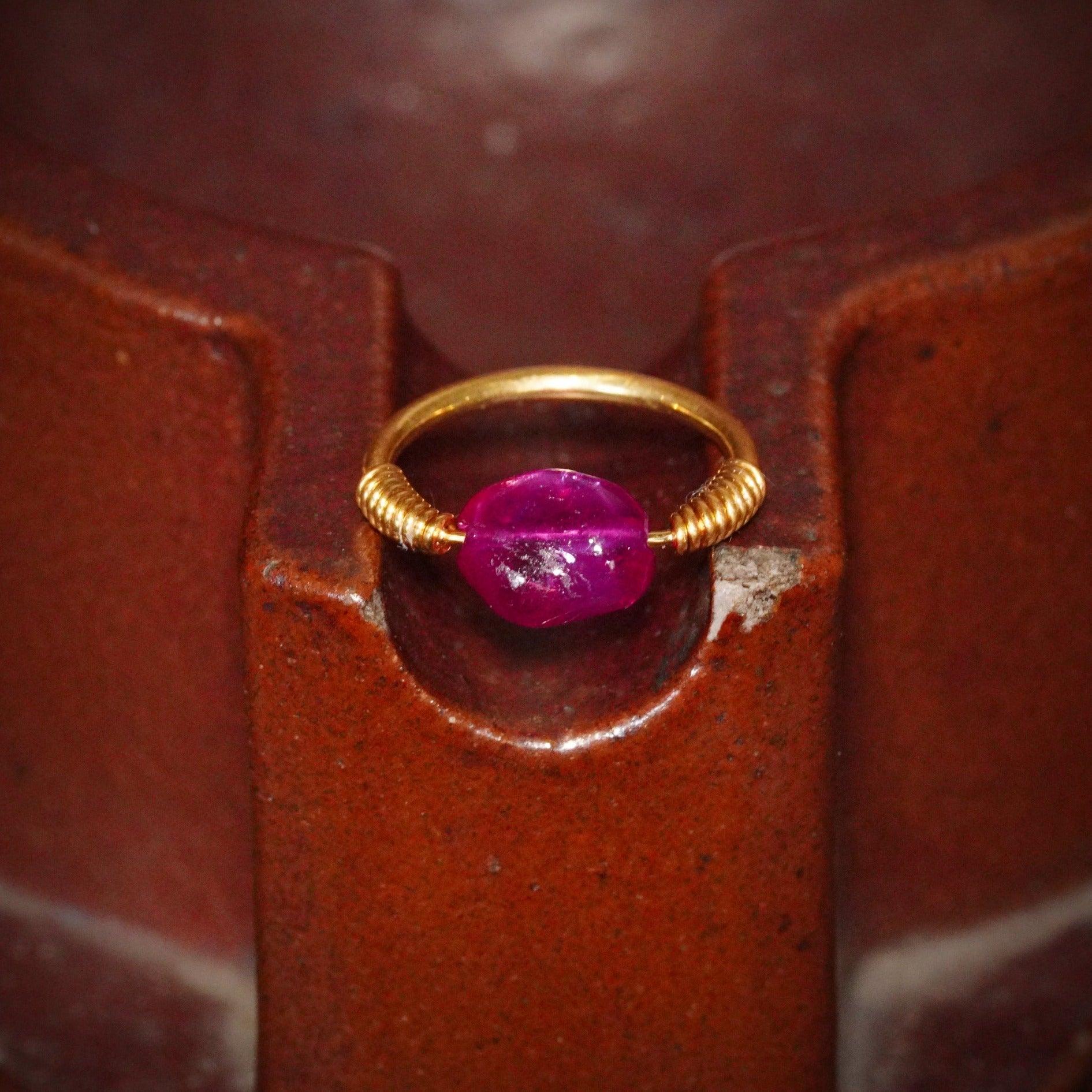 Jogani Ruby Collection - Handcrafted Burmese Ruby Bead Ring in 18K Gold