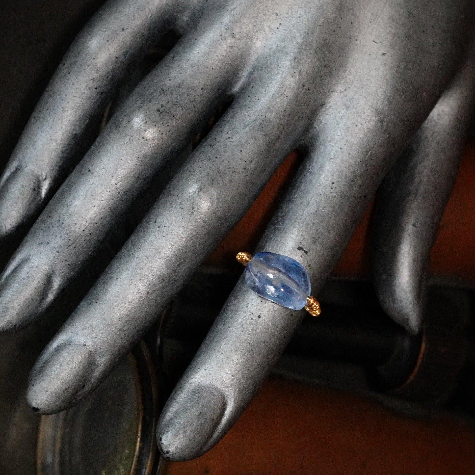 18K Gold Sapphire Ring - Handcrafted Ceylon 9 CT Sapphire Bead Ring by Anup Jogani