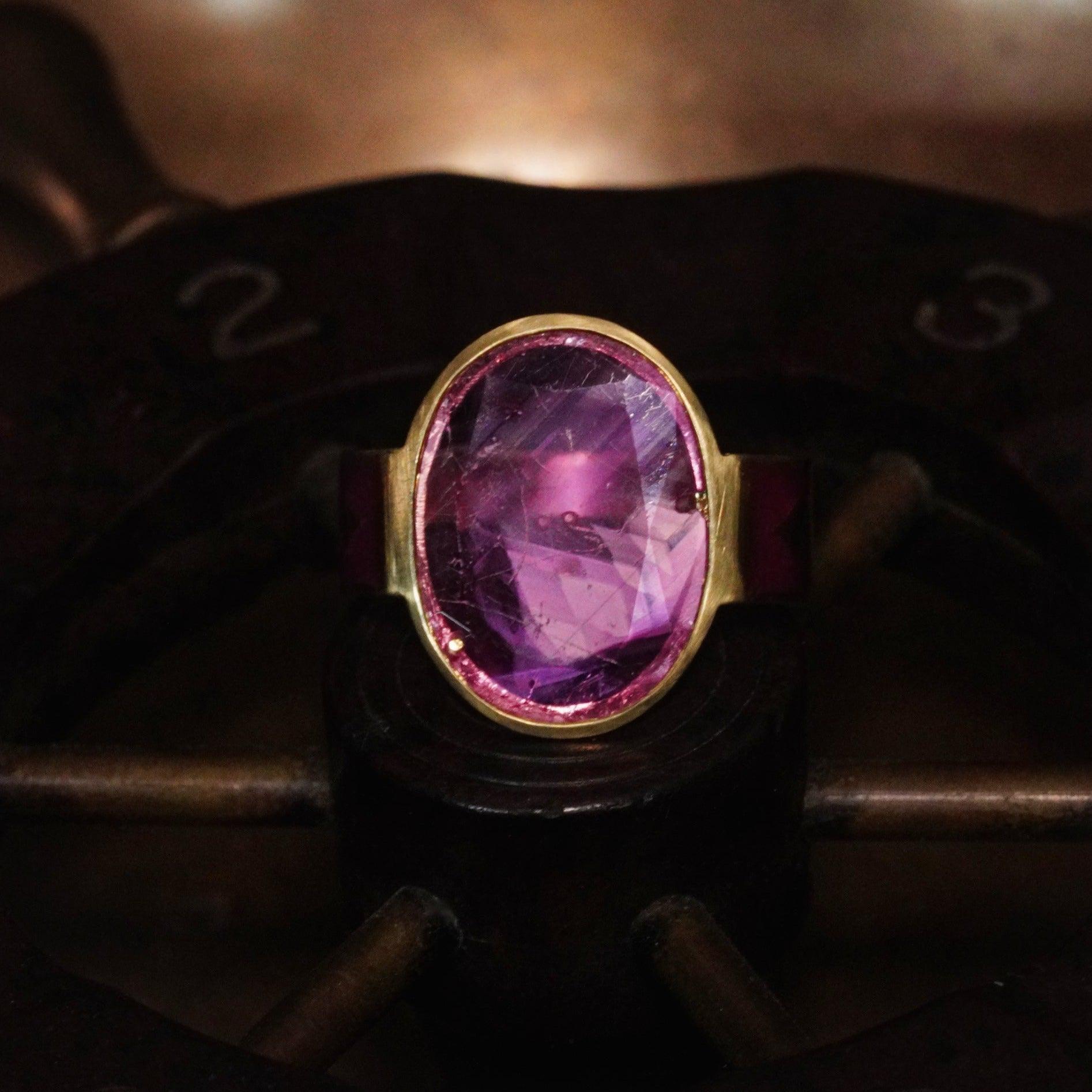 Handmade 18K Gold Cigar Band Ring with a 2.14 CT Oval Portrait Cut Pink Burma Sapphire - Jogani