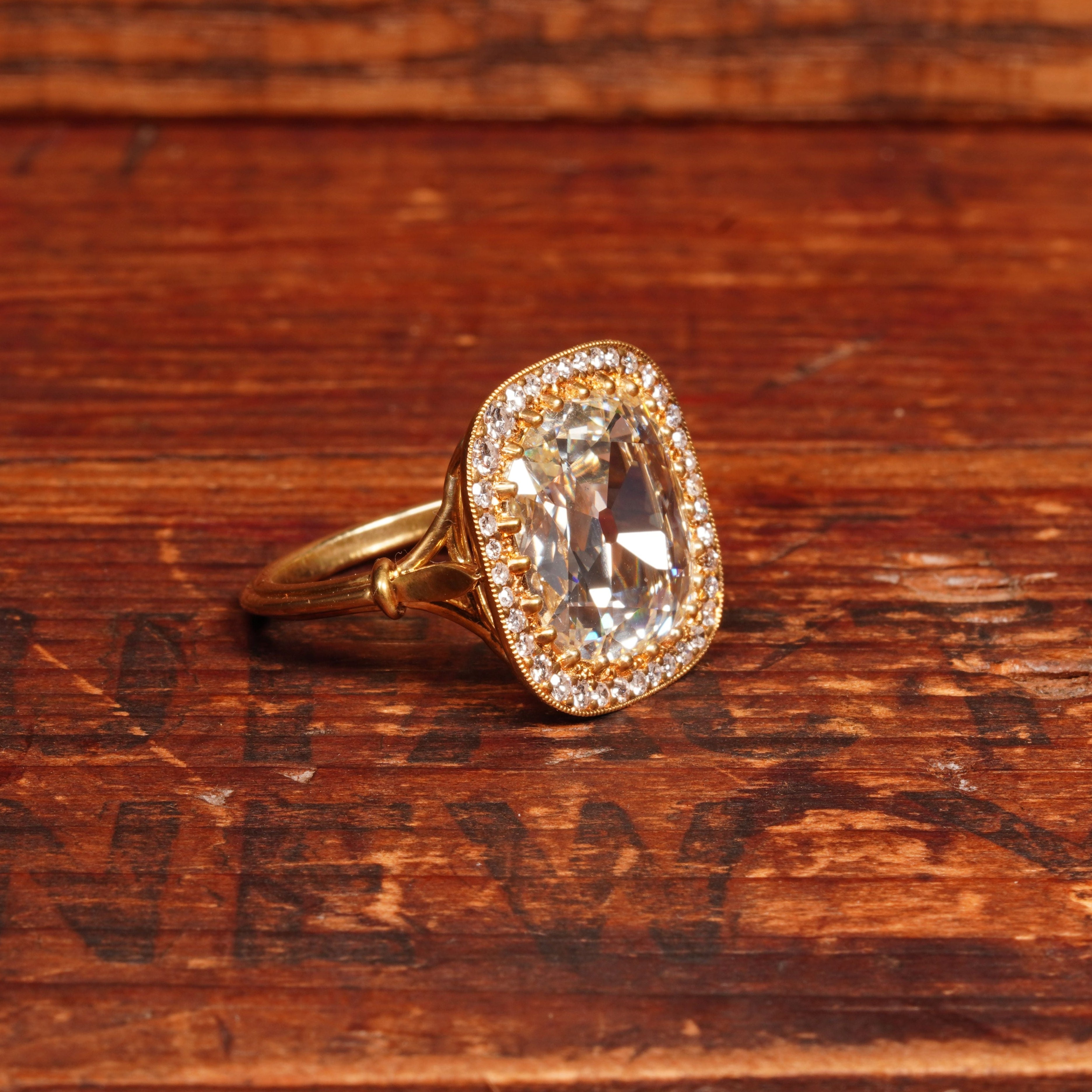Cushion Cut Slightly Warm Diamond 18K Gold Ring, 4.57 ct