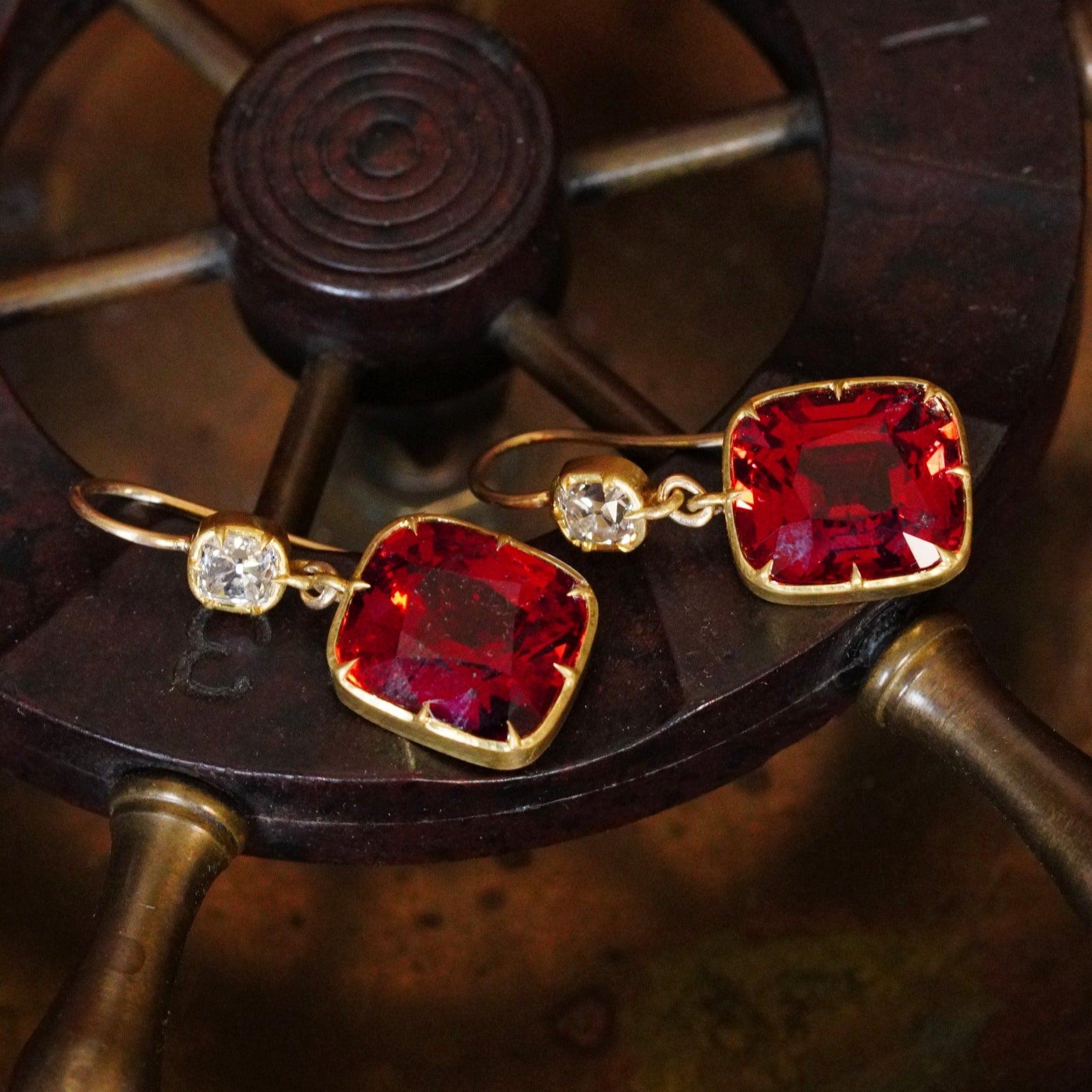 Fiery Brilliance Spinel and Diamond Earrings - Natural Burmese Spinel, Victorian Setting, Anup Jogani