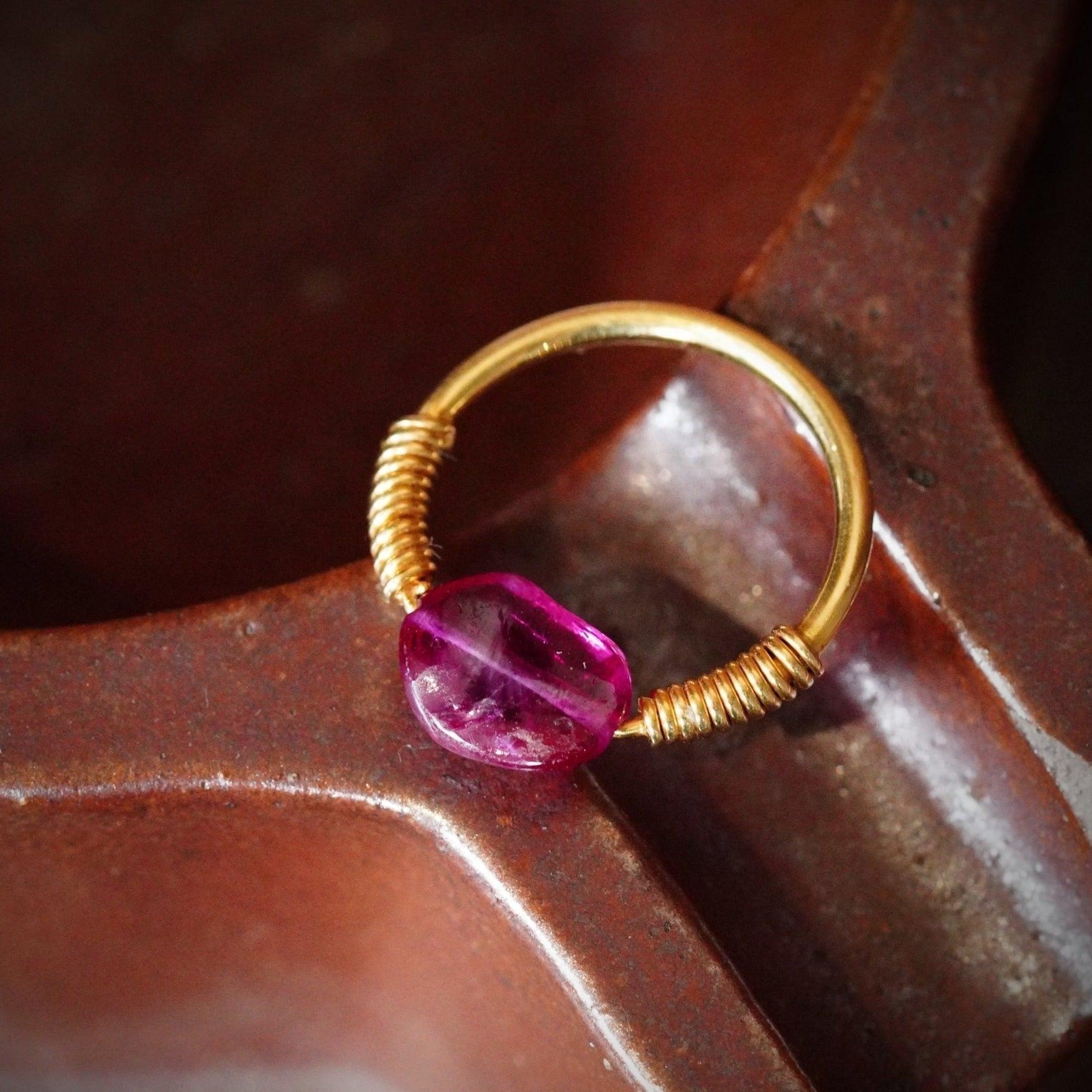No Heat 2 CT Ruby Bead 18K Gold Handmade Ring in Suspended Setting by Jogani
