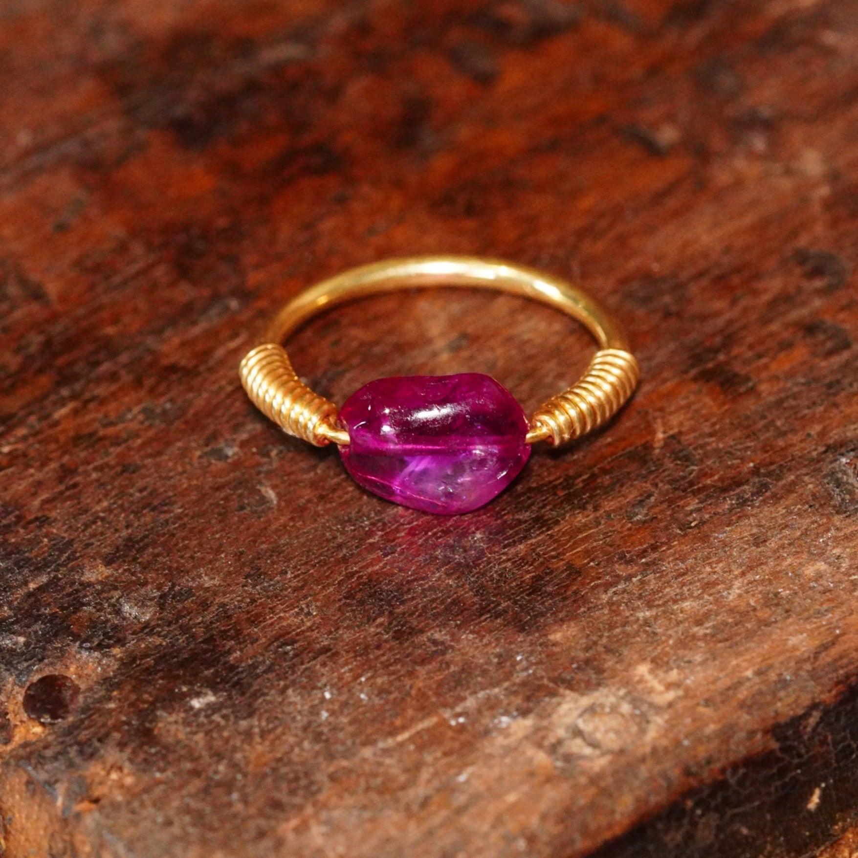 18K Gold Handmade Ring - No Heat 2 CT Ruby Bead Ring by Anup Jogani
