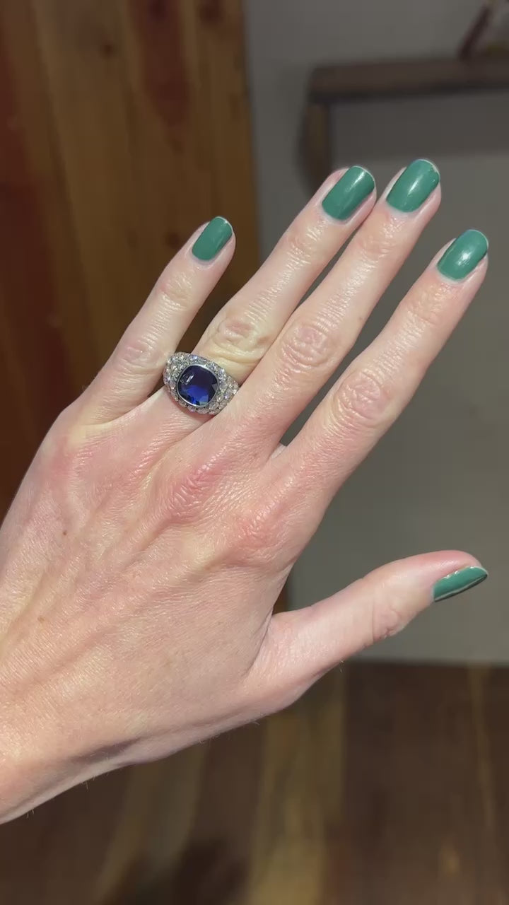 A sophisticated no-heat Burma sapphire ring, 3.39 ct in weight, bezel-set in platinum with diamond accents—a rare treasure crafted by Jogani.