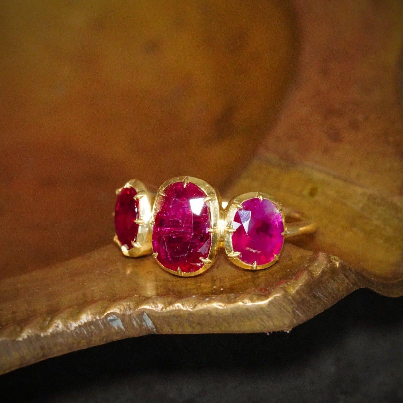 Jogani collection: Exquisite Burma ruby collet ring in a romantic Victorian-style design