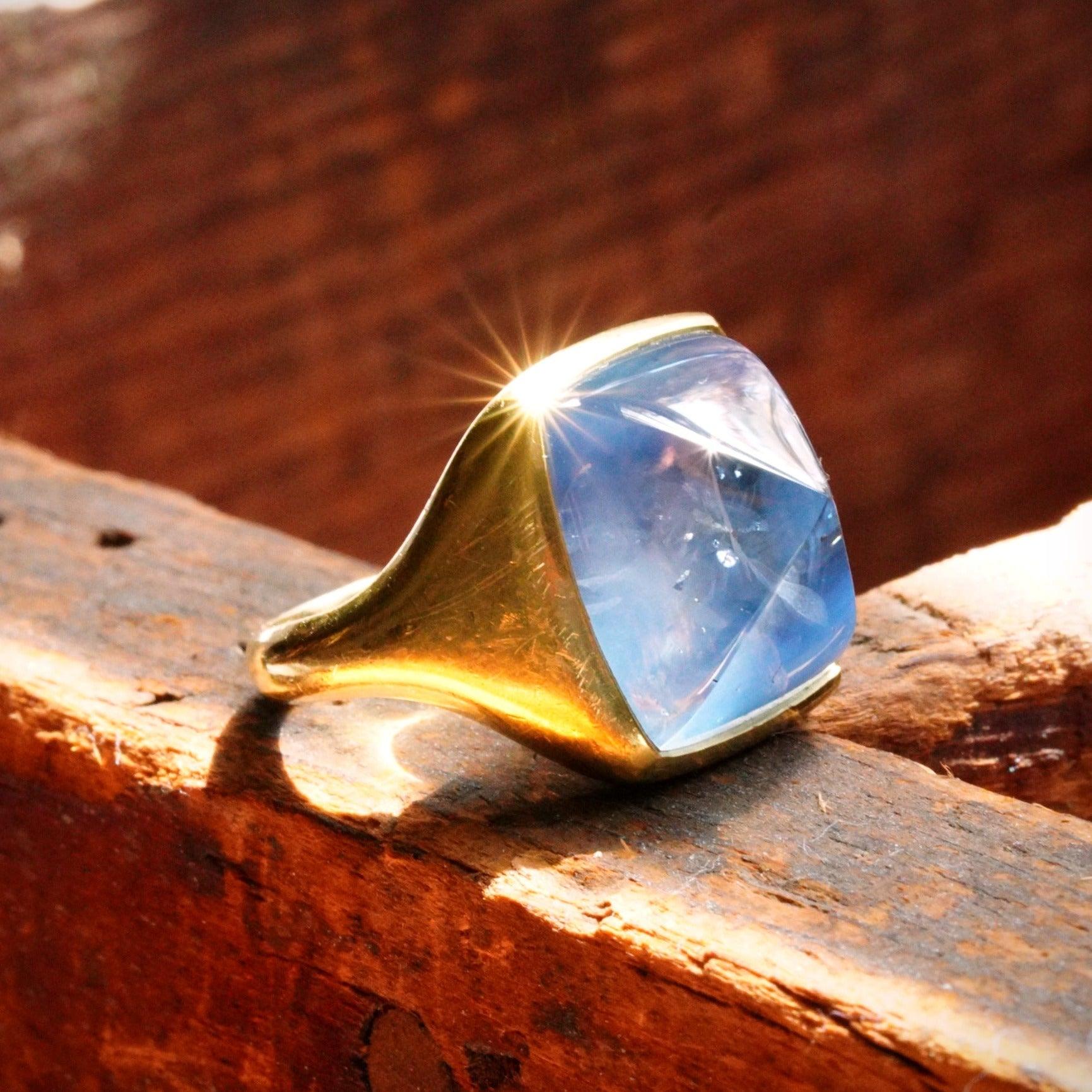 Sapphire Power: 20K Yellow Gold Sugarloaf Cabochon Ring with 22.51-Carat Blue Sapphire - Jogani