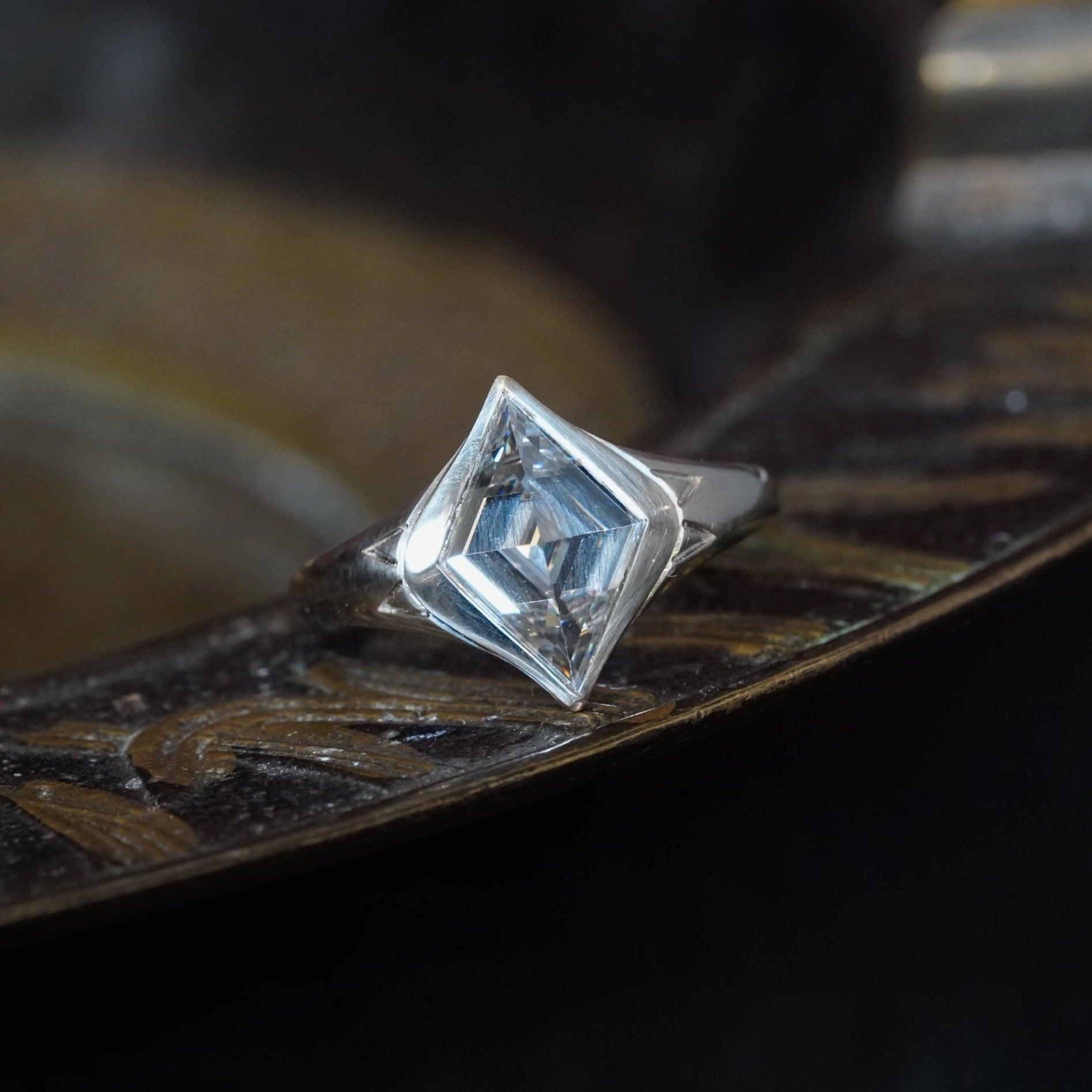 Stunning 2.12 CT Lozenge Step Cut Diamond: A Renaissance Revival in 18K White Gold from Jogani