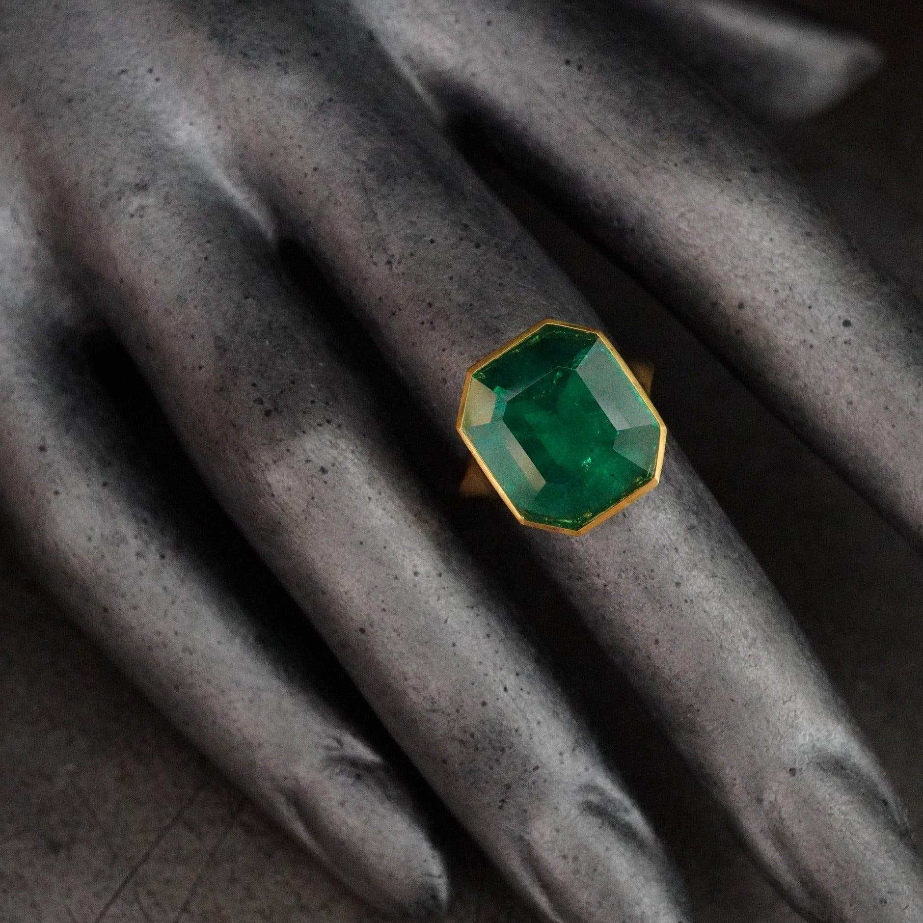 4.48 Step Cut No Oil Colombian Emerald Gold Ring - SKU 399