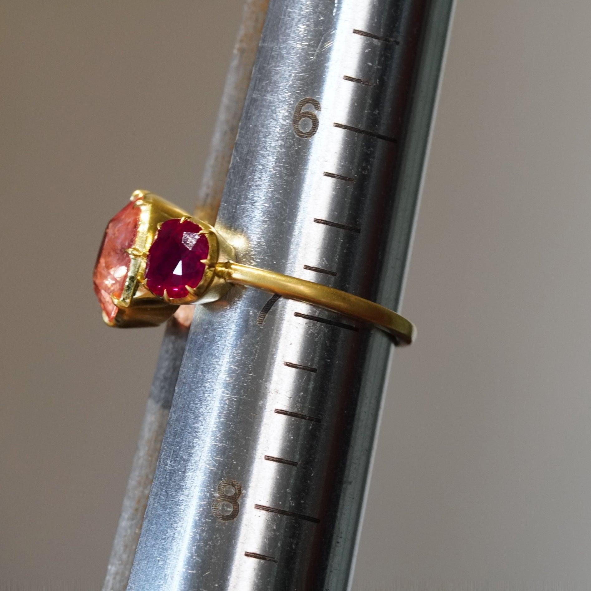 Victorian-Inspired 22K Yellow Gold Ring with No Heat Ceylon Padparadscha Sapphire and Burma Rubies - Jogani