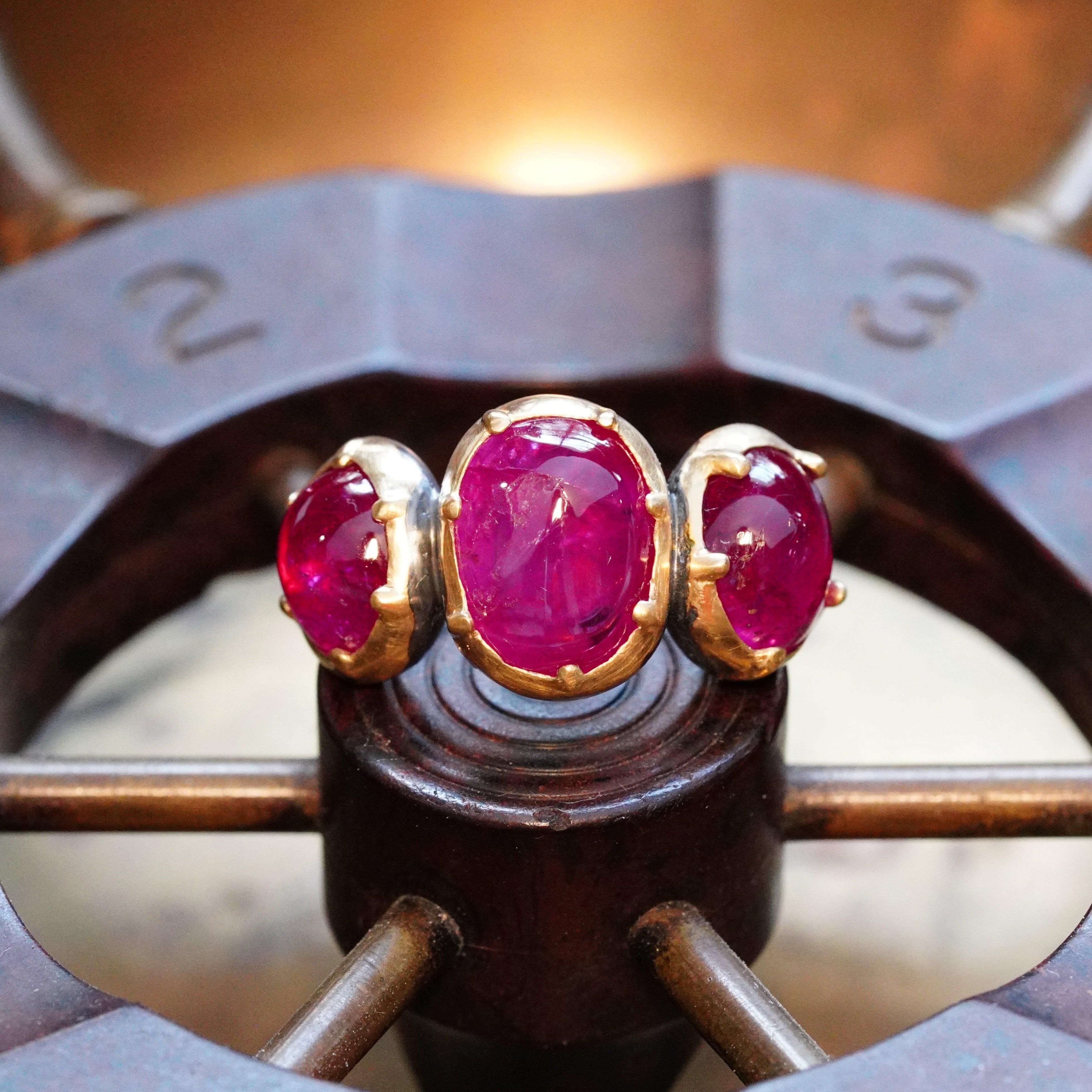Victorian-Inspired Three-Stone Burmese Ruby Ring by Jogani - Anup Jogani Design