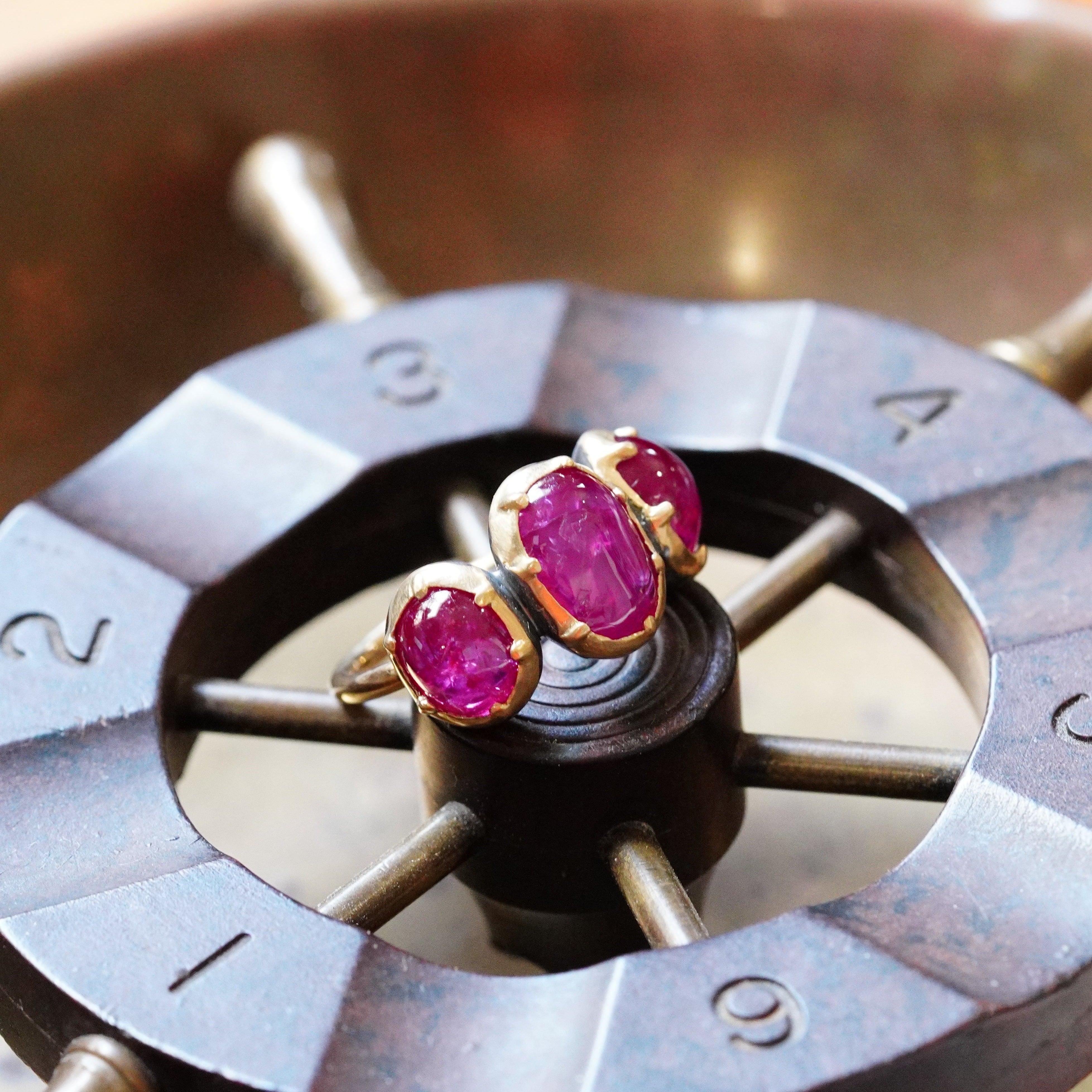 Three-Stone Burmese Ruby Ring - Victorian-Inspired Ruby Jewelry by Anup Jogani