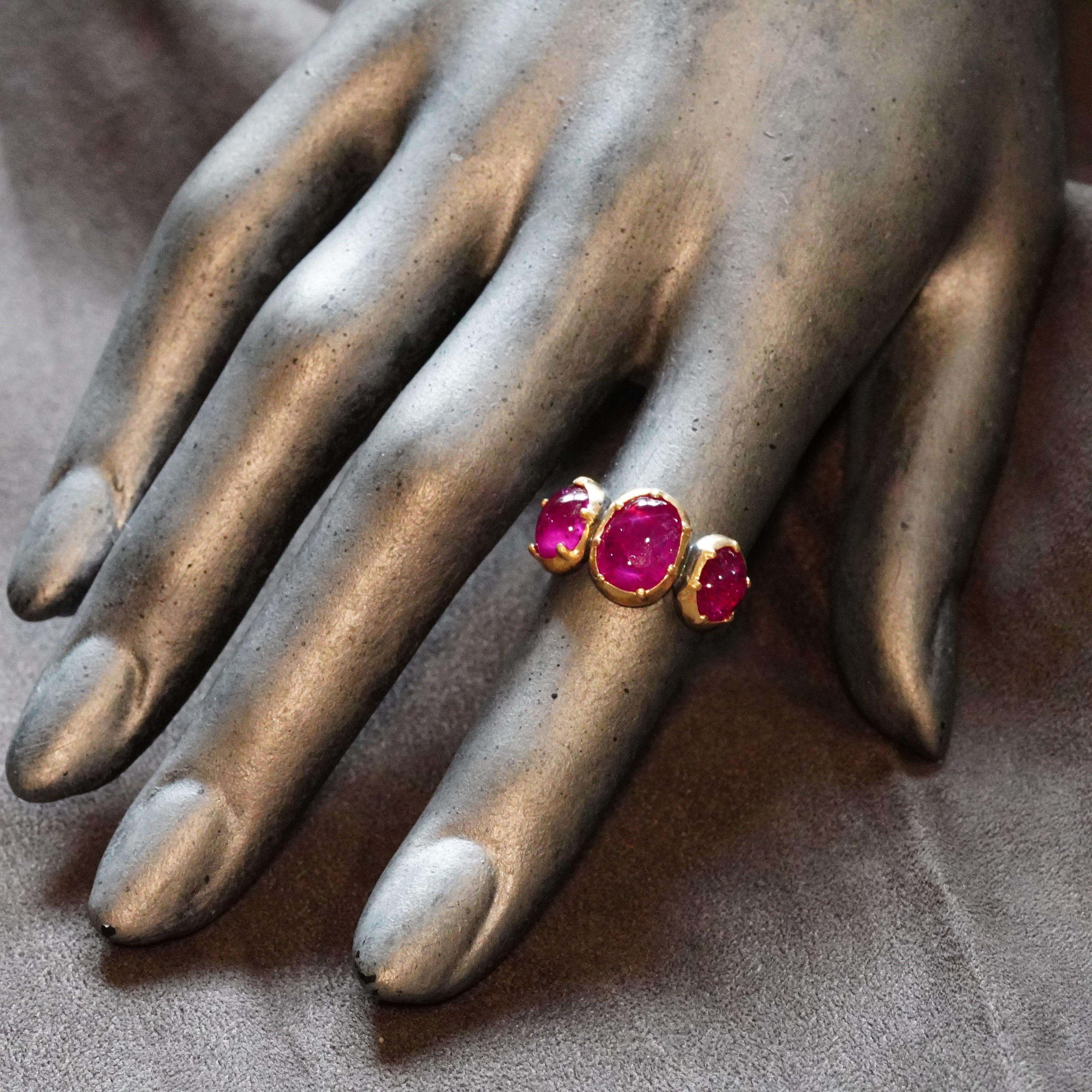 Victorian Style Ring - Handcrafted Three-Stone Burmese Ruby Ring by Anup Jogani