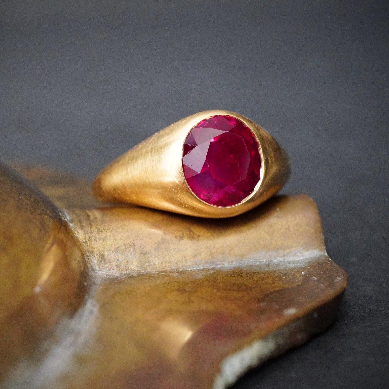 Handcrafted Oval Euro Cut Burmese Ruby Ring - 4.17 CT, No Heat, Yellow Gold Setting, Anup Jogani