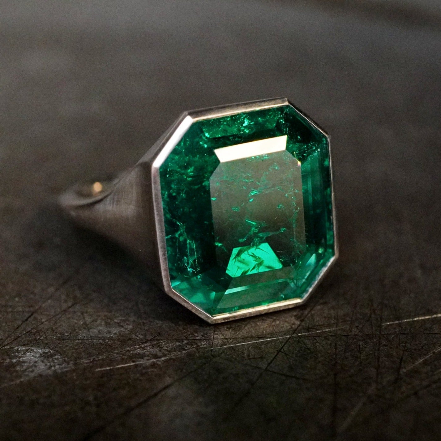 4.43-CT Step Cut Colombian Emerald Platinum Ring