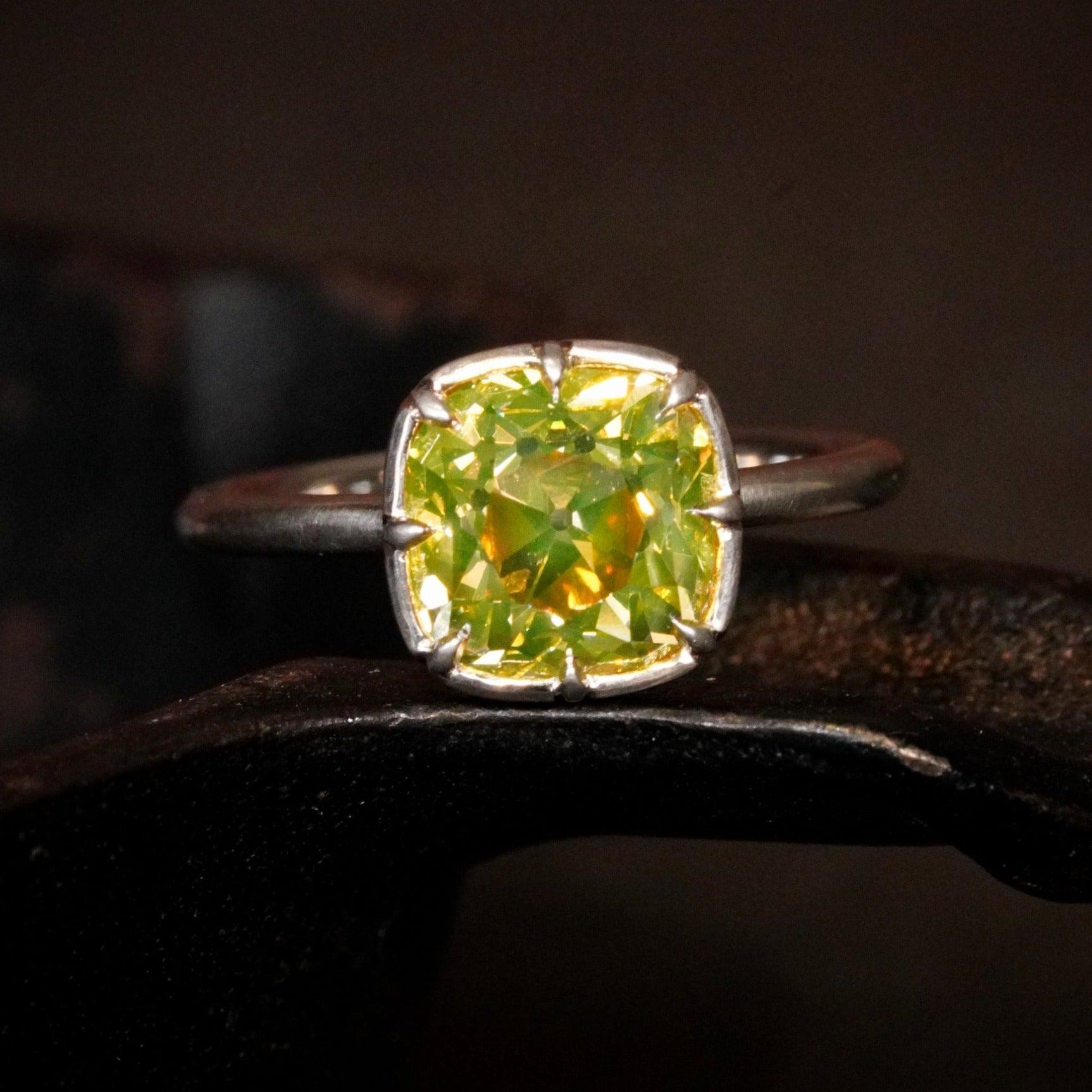 Enchanting 2.85-CT Old Mine Diamond Platinum Ring with Lime